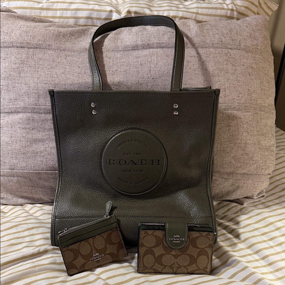 Coach Men’s Olive Green Leather Tote with Signature Canvas Wallets